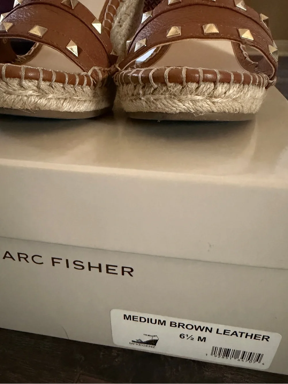 Marc Fisher Brown Leather Studded Espadrille Wedges Sandal